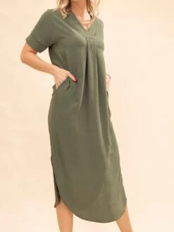 Airflow V Neck Placket W/ Front Pleat Maxi Dress W/ Pockets | S-3X -Women Clothing Shop 813b36712b9f93feb94639eda3dce4c2