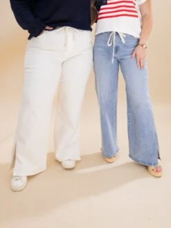 Waist Strap Detail Stretch Side Slit Wide Leg Jeans | S-XL