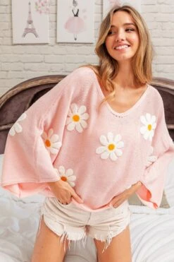 Floral Embroidered Loose Fit Knit Top | S - XL