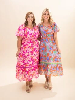 Floral Puff Sleeve Midi Dress | S-L