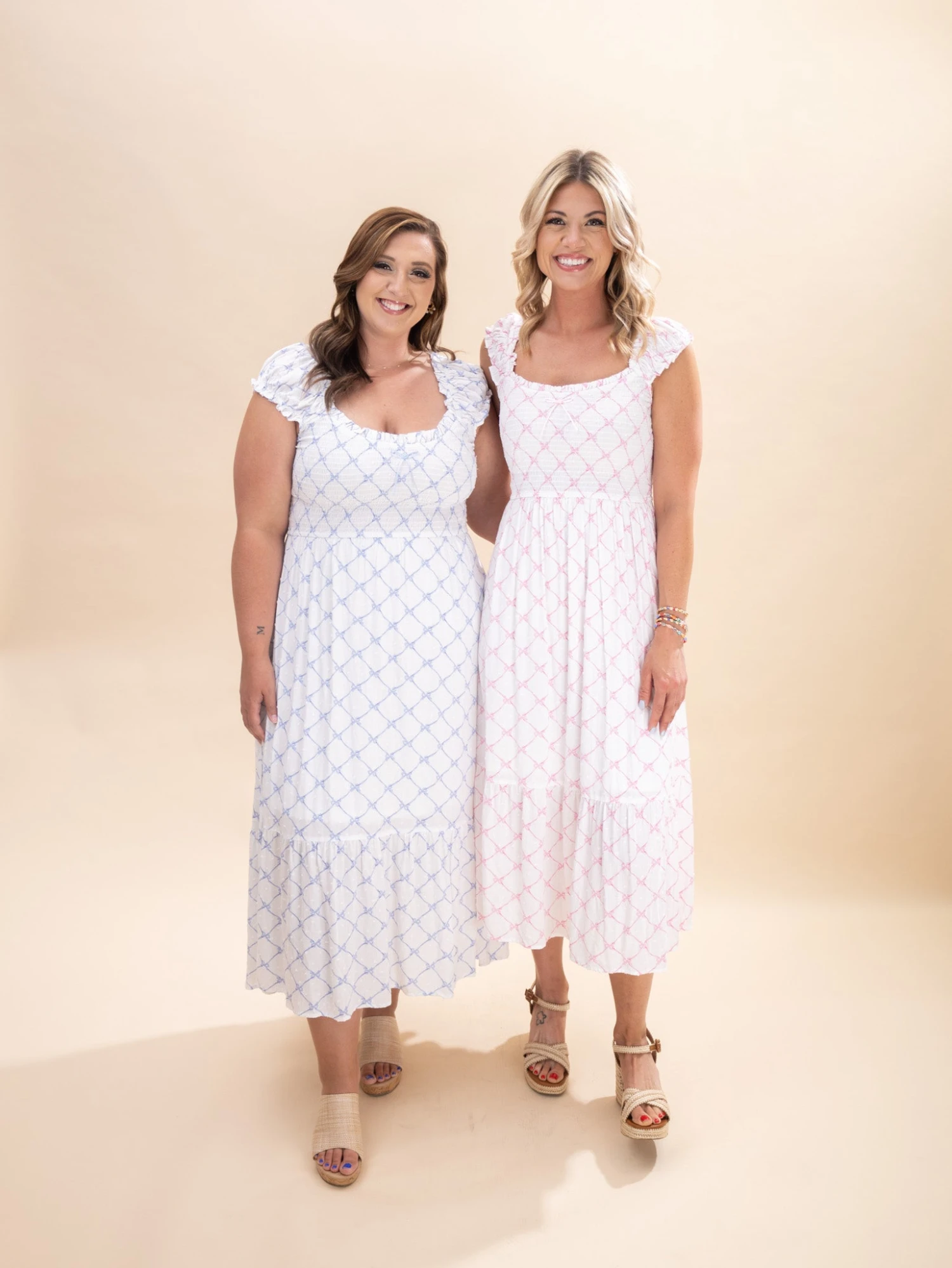 Bow Pattern Ruched Sleeve Smocked Midi Dress | S-3X 1 Bow Pattern Ruched Sleeve Smocked Midi Dress | S-3X
