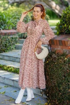 Print Chiffon Long Sleeve Midi Dress | S-L Rokoko