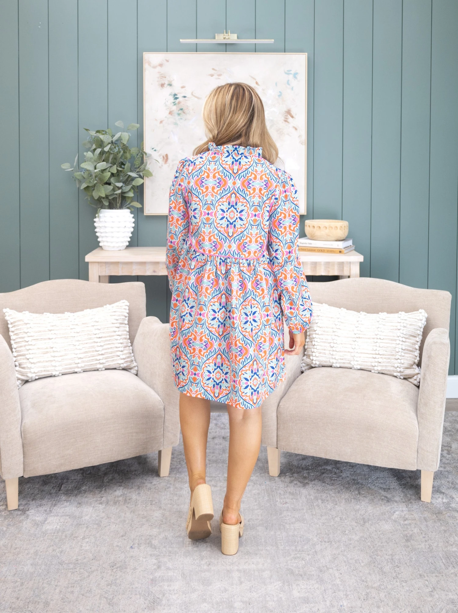 Abstract Print Long Sleeve Tied Neckline Dress | S-XL 4 Abstract Print Long Sleeve Tied Neckline Dress | S-XL - Image 4