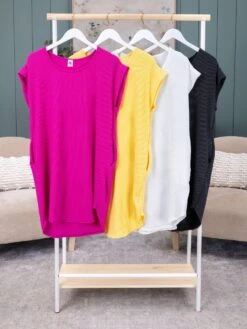 Relaxed Fit Raised Rib Cap Sleeve Dress W/ Pockets | S-3X