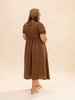 V Neck Front Tie Smocked Puff Sleeve Midi Dress | S-L -Women Clothing Shop 8ff3d5a9333b11e7c359adffcad52580