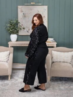 Side Sequined Panel Jacquard 3/4 Pants | S - XL Set W/ Sku55268 Lovely Melody -Women Clothing Shop 90514d279dff0b1a1ef94f0b3aa2faff