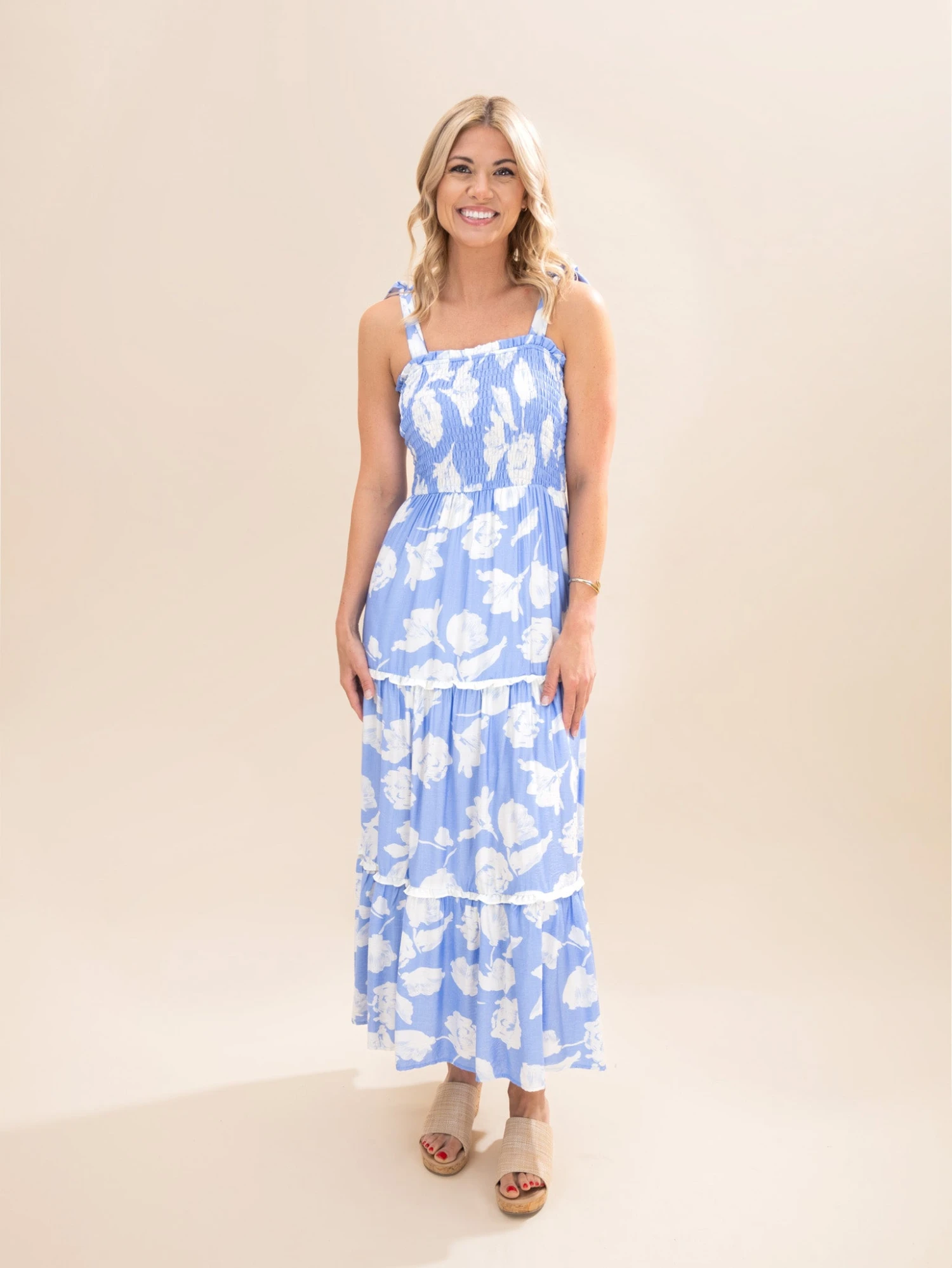Woven Print Smocking Tiered Maxi Dress W/ Shoulder Tie & Side Pocket | S-2XL 5 Woven Print Smocking Tiered Maxi Dress W/ Shoulder Tie & Side Pocket | S-2XL - Image 5