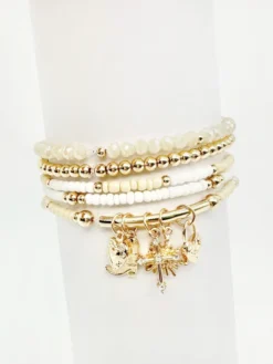 Set Of 5 Gold Beaded & Seed Bead W/ Star & Crystal Charm Bracelets What's Hot Jewelry