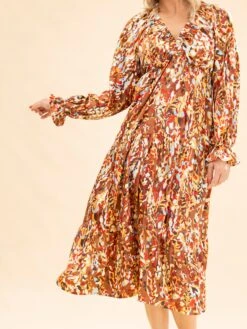 Long Sleeve Deep V Neck Satin Floral Print Tiered Maxi Dress | S-3XL