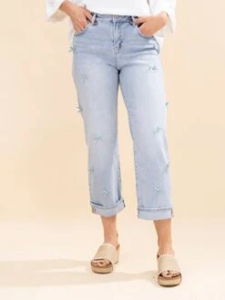 Risen High Rise Crop Barrel Jeans With Ribbon Detail | 0-3XL