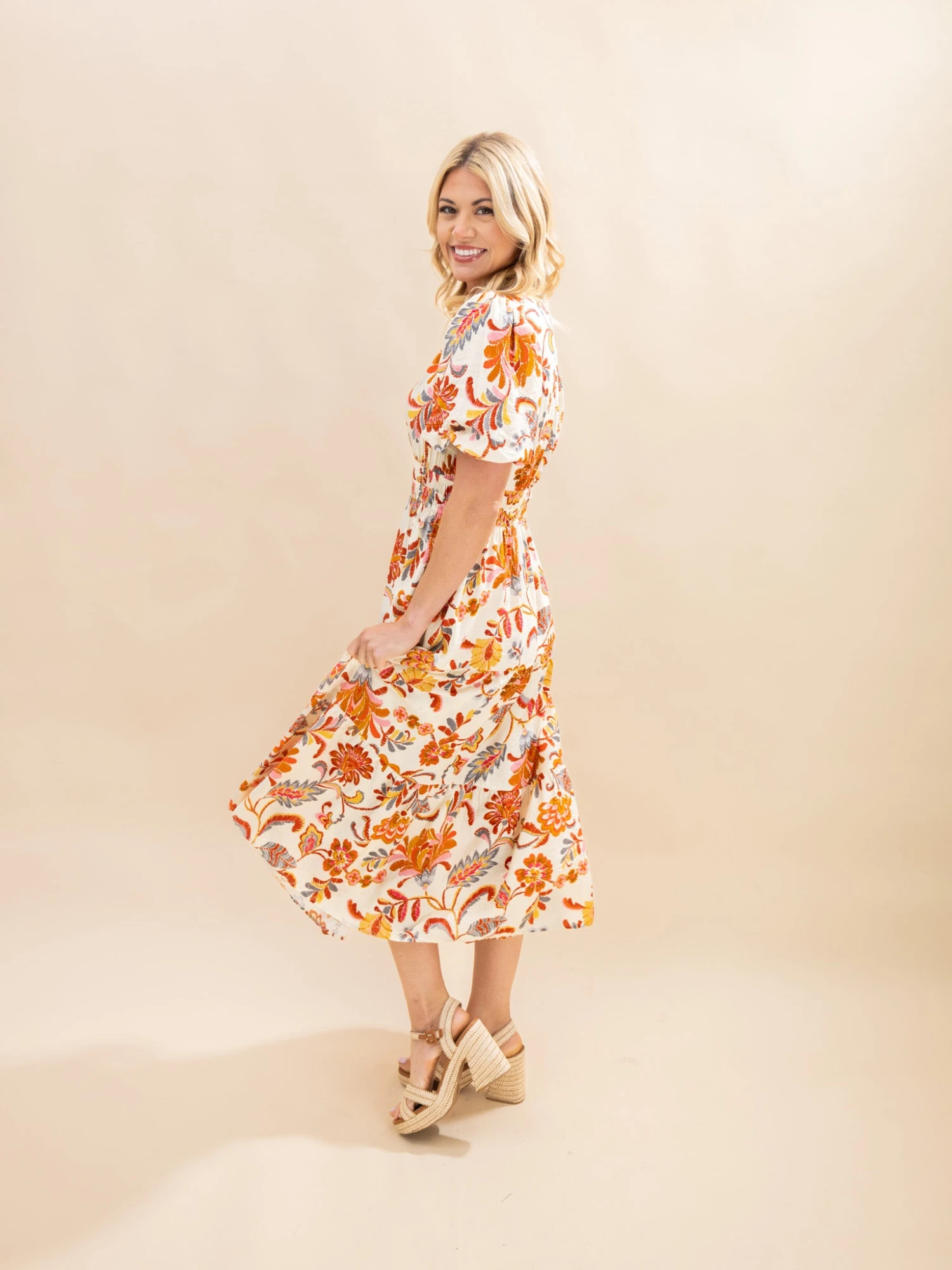 Short Sleeve Elastic Waist Flower Printed Midi Dress | S-3XL 2 Short Sleeve Elastic Waist Flower Printed Midi Dress | S-3XL - Image 2