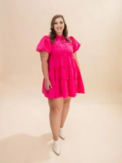 Short Puff Sleeve Textured Woven Tiered Collar Button Down Dress | S-L Summer Concert