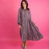 Long Sleeve V Neck Printed Gauze Maxi Dress | S - L