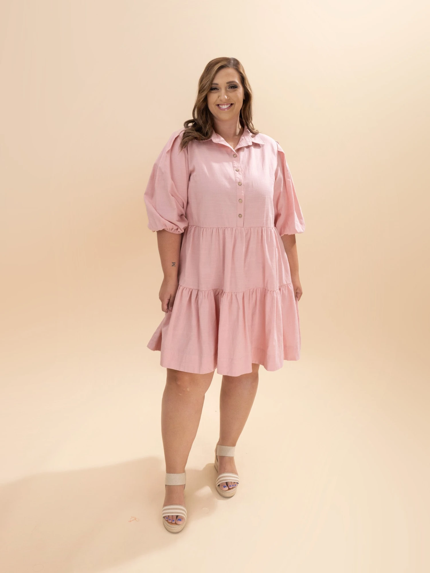 3/4 Sleeve Woven Collared Tiered Button Down Shirt Dress W/ Side Pocket | S-2XL 6 3/4 Sleeve Woven Collared Tiered Button Down Shirt Dress W/ Side Pocket | S-2XL - Image 6