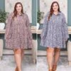 Paisley Print Collard Neck Button Down Button Tab Sleeve Baby Doll Dress | S-3X