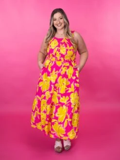 Floral Print Round Neck Sleeveless Midi Dress W/ Smocked Bodice | S-3X
