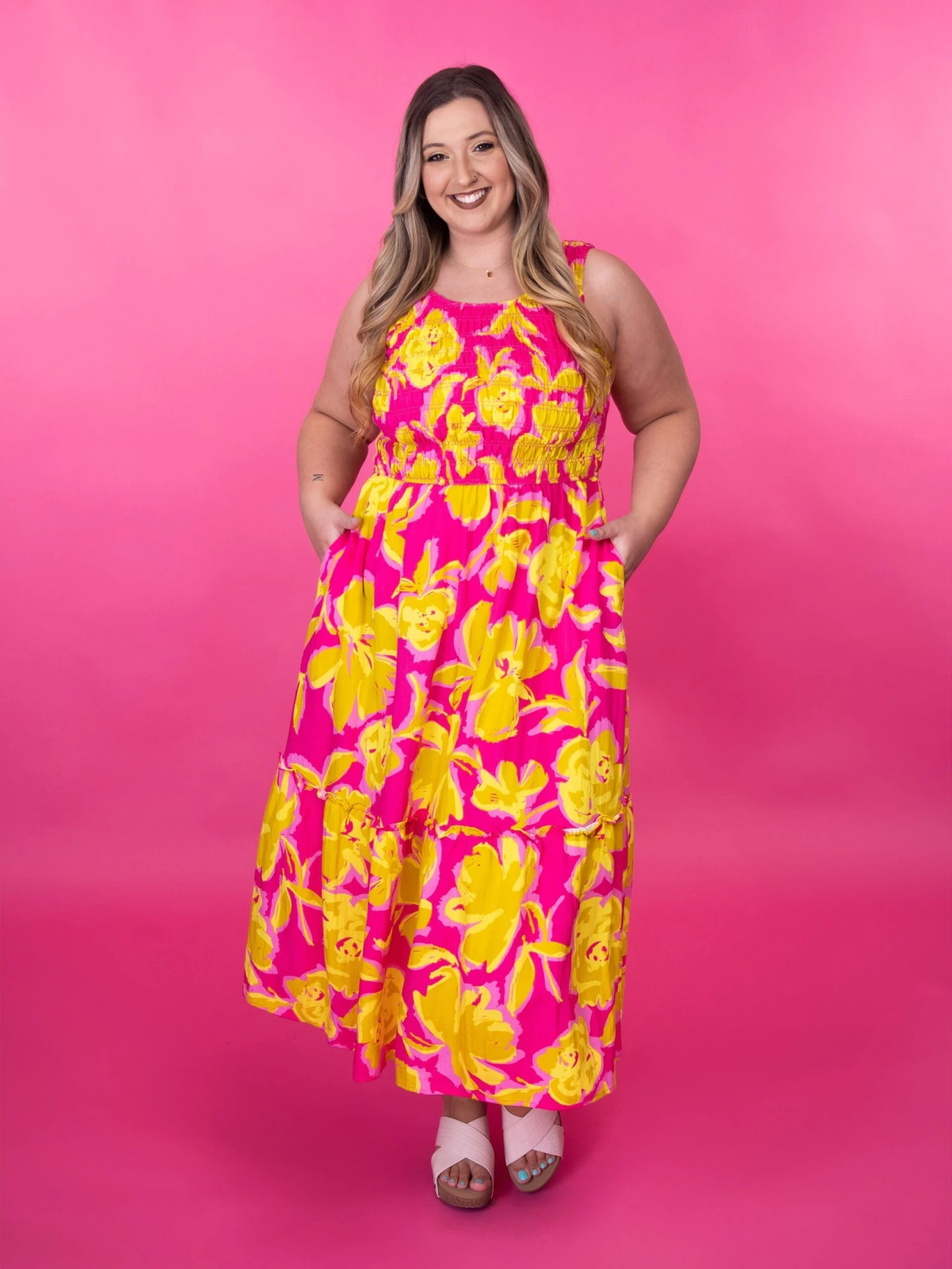 Floral Print Round Neck Sleeveless Midi Dress W/ Smocked Bodice | S-3X 1 Floral Print Round Neck Sleeveless Midi Dress W/ Smocked Bodice | S-3X