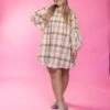 Plaid Print Long Sleeve Collared V Neck Babydoll Dress W/ Pockets | S - XL