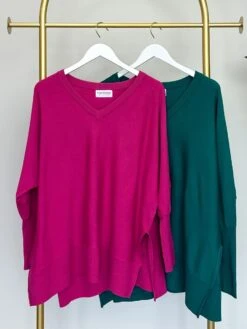 Ribbed V-Neck Cuff Dolman Sleeve Slit Sweater | S - 3X