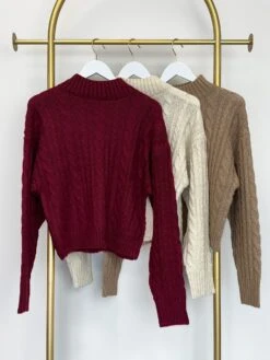 High Neck Long Sleeve Cable Knit Sweater | S - L