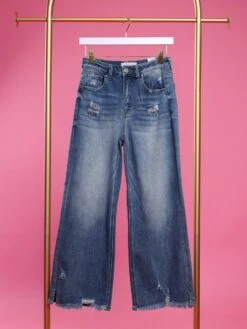 Risen High Rise Side Slit Fray Hem Wide Leg Jeans | 0-3X