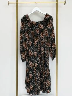 Square Neck Textured Floral Print Long Sleeve Midi Dress | S-3X