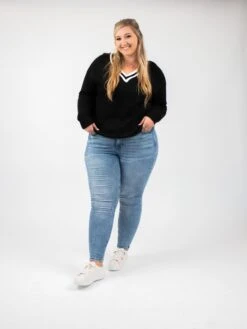 Contrasted Deep V Neckline Knitted Long Sleeve Sweater | S - 2XL