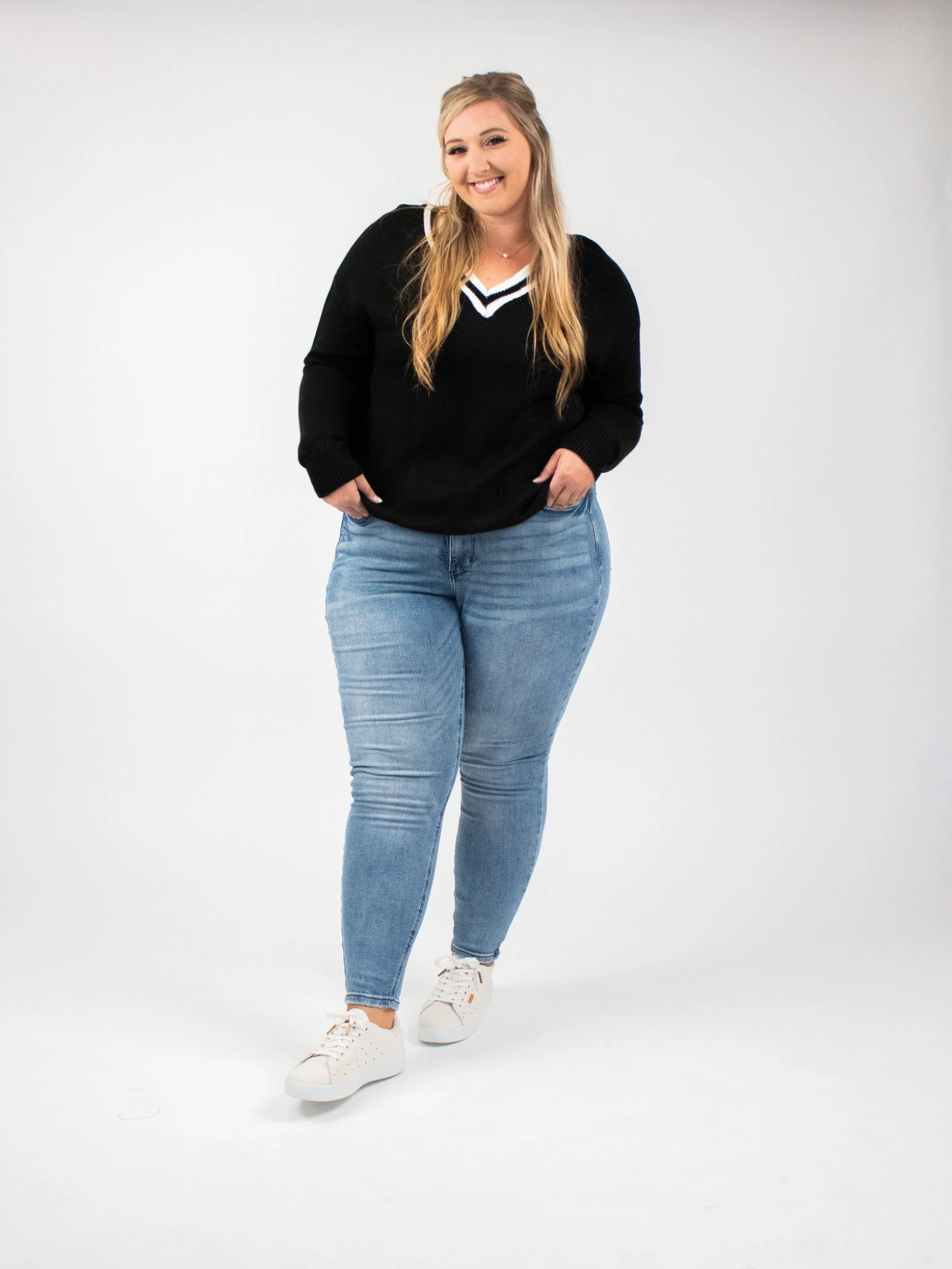 Contrasted Deep V Neckline Knitted Long Sleeve Sweater | S - 2XL 1 Contrasted Deep V Neckline Knitted Long Sleeve Sweater | S - 2XL