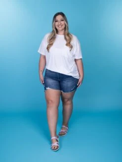 Judy Blue Mid-Rise High Low Cut Destroyed Hem Shorts | S - 3XL