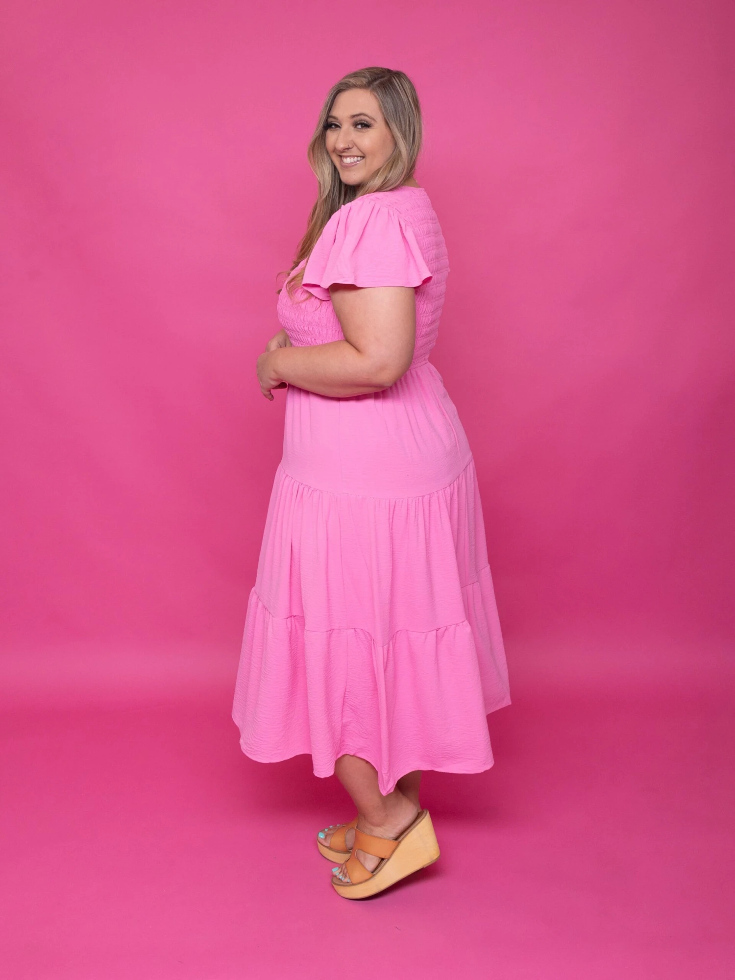 Flutter Sleeve V Neck Smocked Midi Dress | S-3X 4 Flutter Sleeve V Neck Smocked Midi Dress | S-3X - Image 4