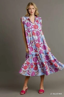 Floral Print Ruffle V-Neck Front Tie Tiered Maxi Dress | S - L