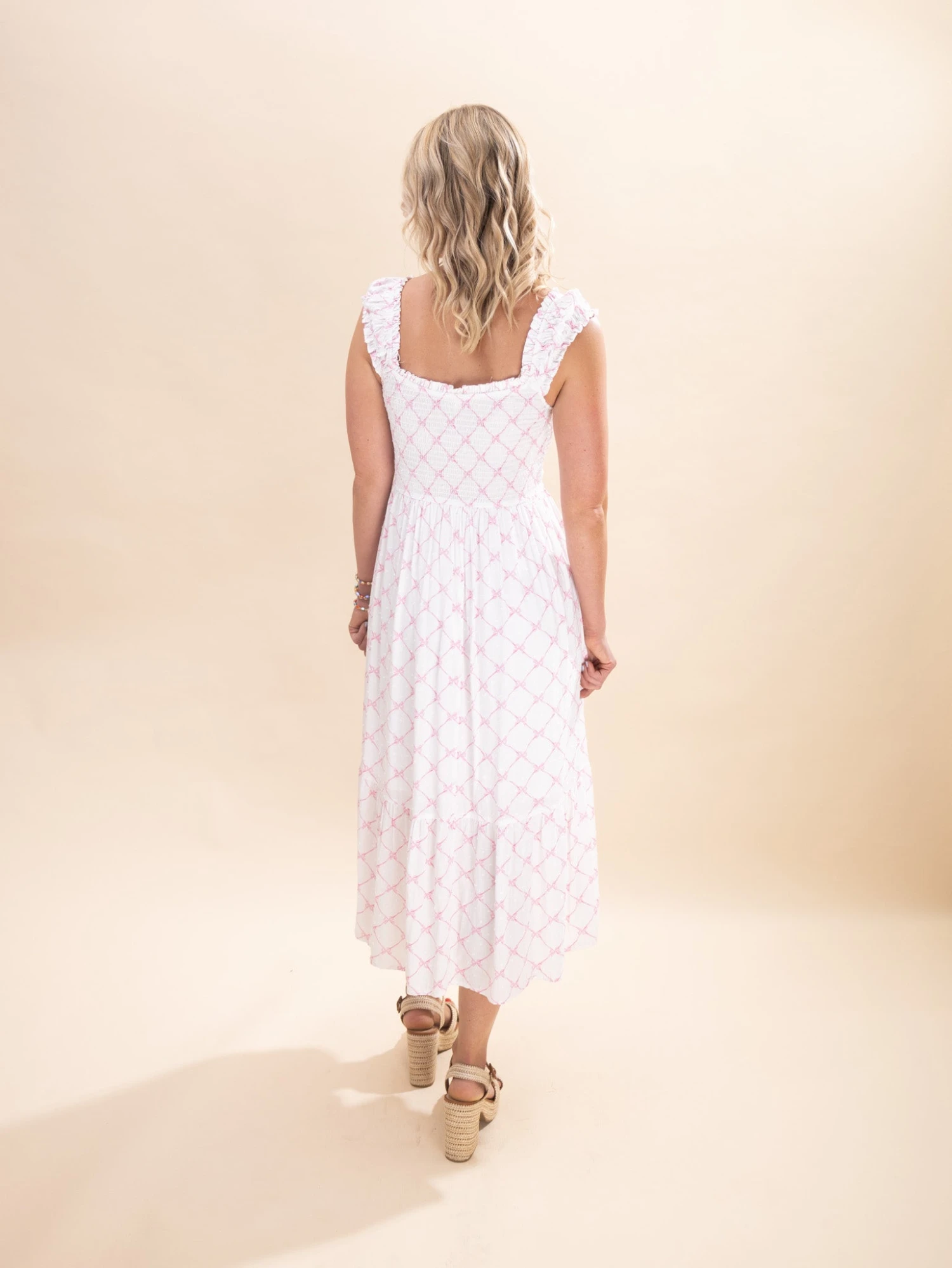 Bow Pattern Ruched Sleeve Smocked Midi Dress | S-3X 5 Bow Pattern Ruched Sleeve Smocked Midi Dress | S-3X - Image 5