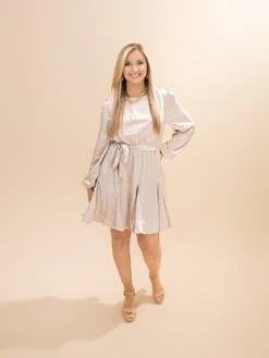 Belted Flare Skirt Detail Satin Short Dress | S-L