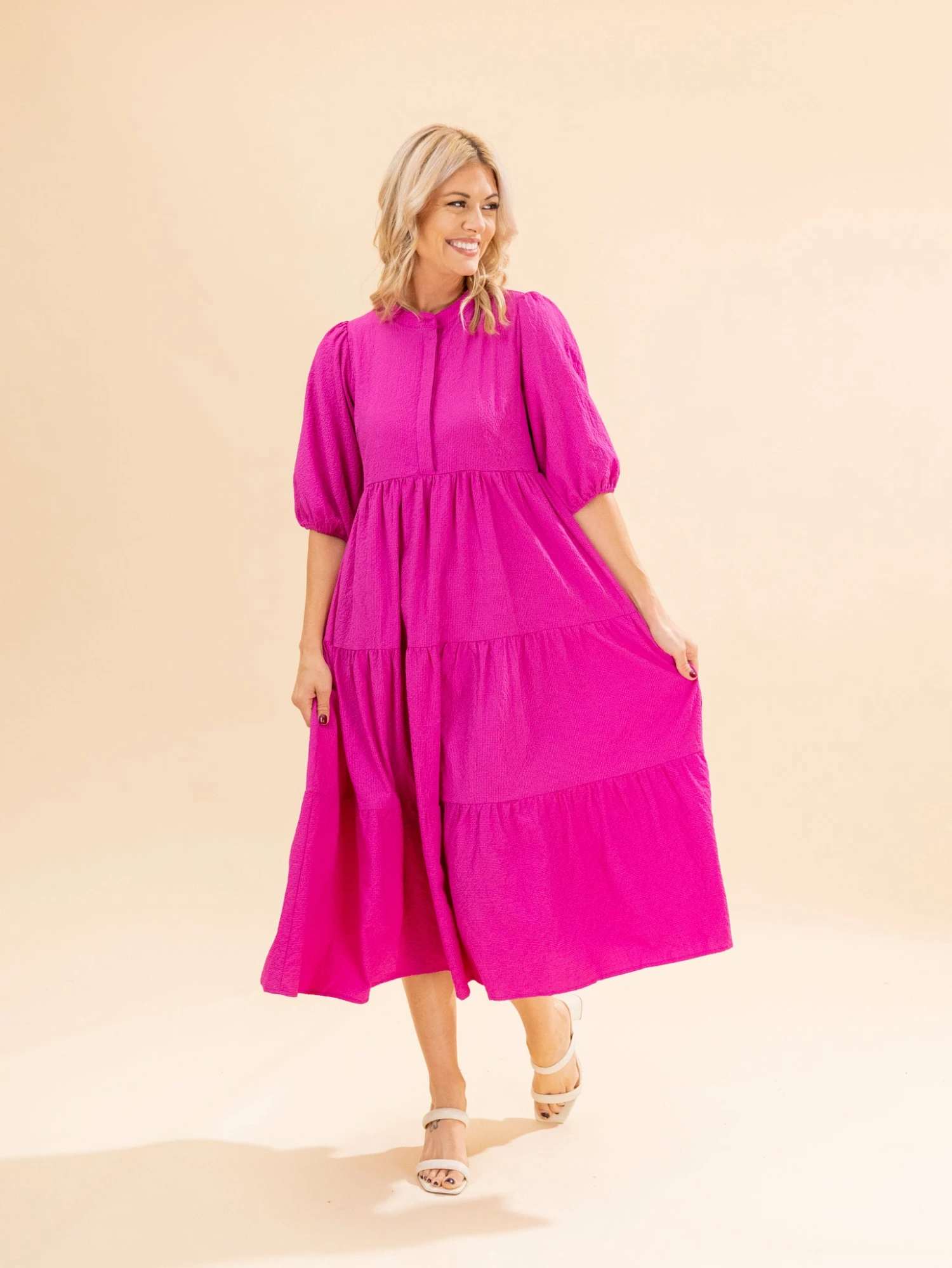 Textured Tiered Midi Dress With Puff Sleeves | S-L 10 Textured Tiered Midi Dress With Puff Sleeves | S-L - Image 10