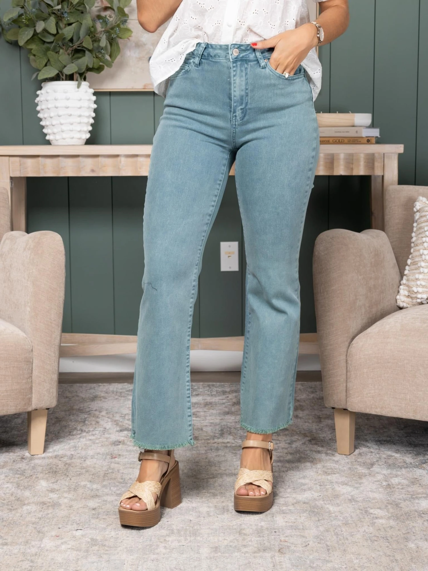 Zenana Acid Washed Frayed Cutoff Hem Straight Wide Pants | S-XL 4 Zenana Acid Washed Frayed Cutoff Hem Straight Wide Pants | S-XL - Image 4