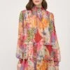 Printed Chiffon Smocked Yoke High Neck Dress | S - L Fate