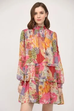 Printed Chiffon Smocked Yoke High Neck Dress | S - L Fate