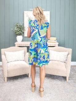 Abstract Print Short Ruffled Sleeve Dress W/ Pockets | S-L -Women Clothing Shop ad545a18098c27a48aa251336c85960d