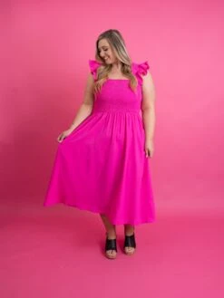 Smocked Bodice Square Neck Midi Dress W/ Ruffle Sleeves | S-3X -Women Clothing Shop b01cc5d4ac7d122063b54e4fb082ad86 1