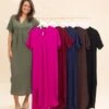 Airflow V Neck Placket W/ Front Pleat Maxi Dress W/ Pockets | S-3X