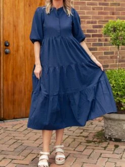 Textured Tiered Midi Dress With Puff Sleeves | S-L