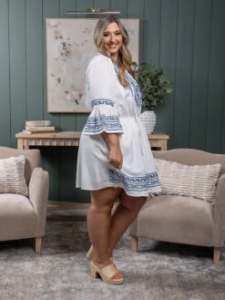 V Neck Embroidered Dress W/ Flared Sleeves | S - 3X -Women Clothing Shop b5c16e6b6e3a636188acf36b9549dfc5