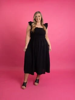 Smocked Bodice Square Neck Midi Dress W/ Ruffle Sleeves | S-3X -Women Clothing Shop b5f7b72badff7244ea2103f1d83e2686 1