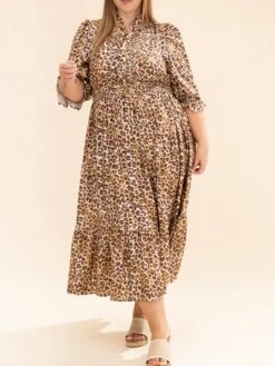 Animal Print Puff Sleeve Ruffle Neck Midi Dress | S-L Western