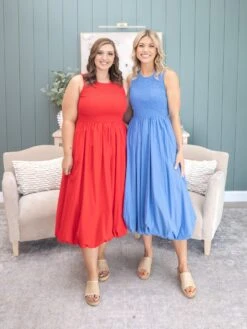 Sleeveless Smocked Top Midi Bubble Dress With Side Pocket | S-L