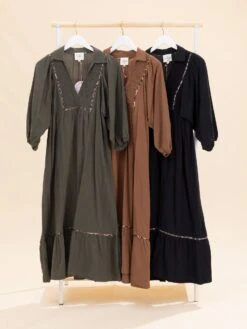 Solid Long Sleeve Collared Midi Dress | S-L