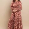 Floral Printed Long Sleeve Satin Tiered Maxi Dress | S-L Ces Femme