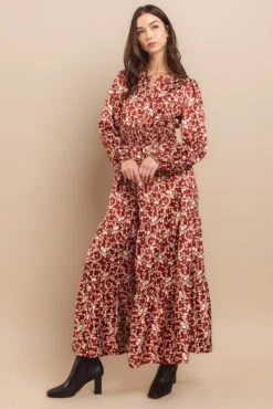 Floral Printed Long Sleeve Satin Tiered Maxi Dress | S-L Ces Femme