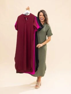 Airflow V Neck Placket W/ Front Pleat Maxi Dress W/ Pockets | S-3X -Women Clothing Shop c6ec9ee536238ac03d647b59a70bf0d3
