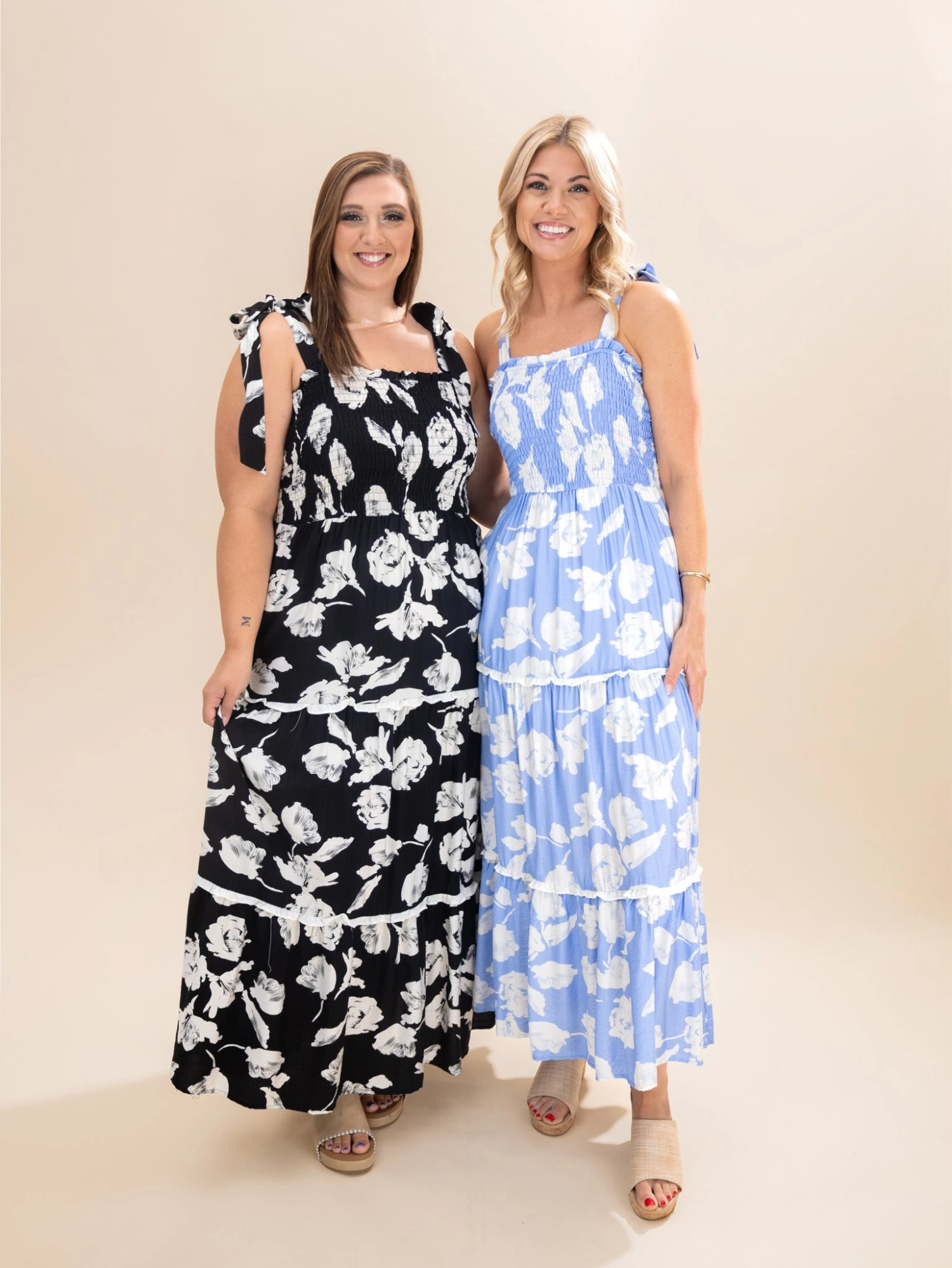 Woven Print Smocking Tiered Maxi Dress W/ Shoulder Tie & Side Pocket | S-2XL 1 Woven Print Smocking Tiered Maxi Dress W/ Shoulder Tie & Side Pocket | S-2XL
